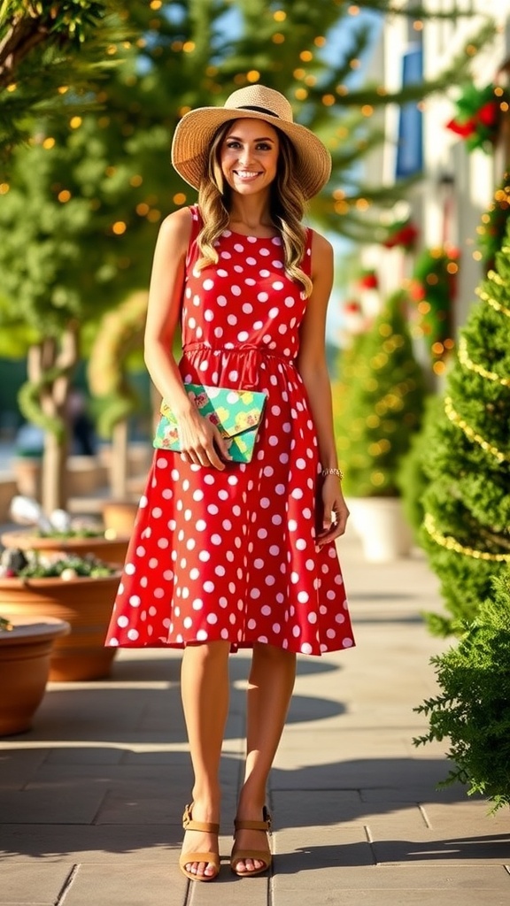 A model in a red polka dot sundress with sandals, surrounded by holiday decorations in a warm weather setting.